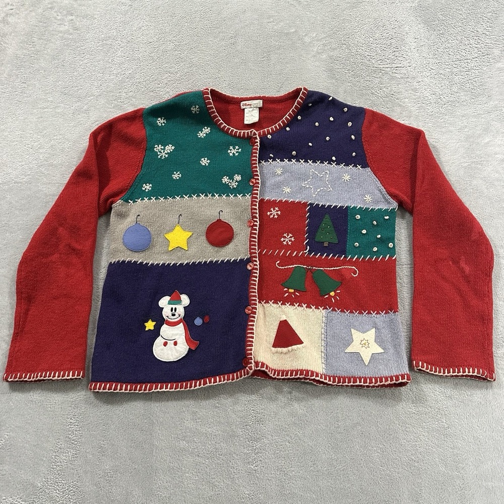 Disney Button Cardigan Sweater Women 2XL LambWool Blend Red Xmas Cottage Holiday